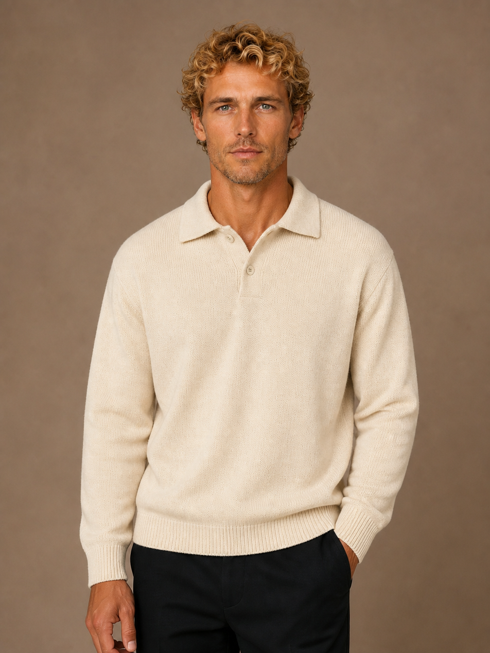 Men's Textured Knit Polo Jumper Relaxed Fit Open Collar Long Sleeve - Cream