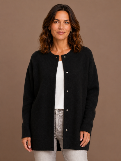 Women's Longline Open Front Cardigan in Brushed Knit with Dropped Shoulders - Czarny
