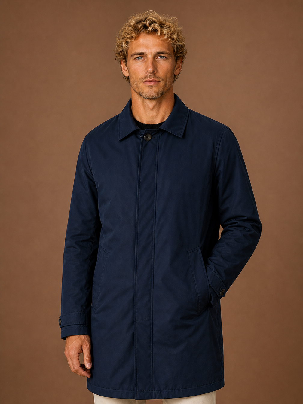 Men's Lightweight Water-Resistant Trench Coat with Concealed Closure - Dark Blue