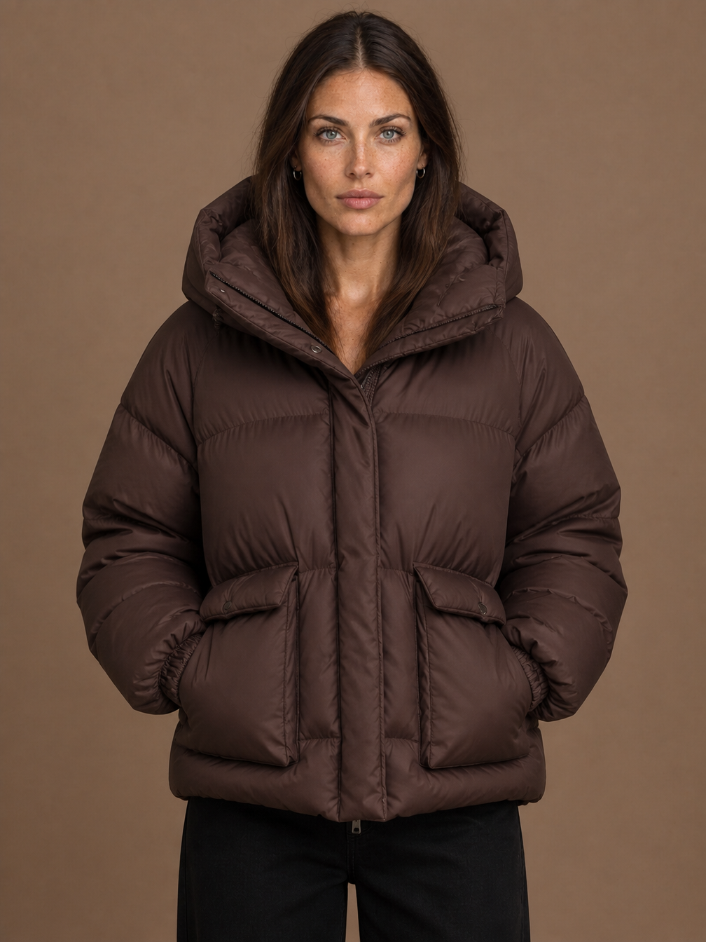 Women's Oversized Quilted Hooded Puffer Jacket with Storm Flap and Zip Pockets - Dark Brown