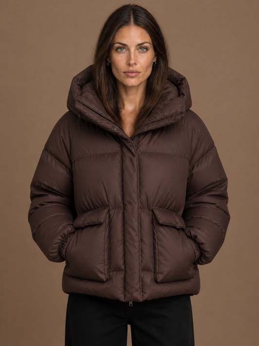 Women's Oversized Quilted Hooded Puffer Jacket with Storm Flap and Zip Pockets - Dark Brown