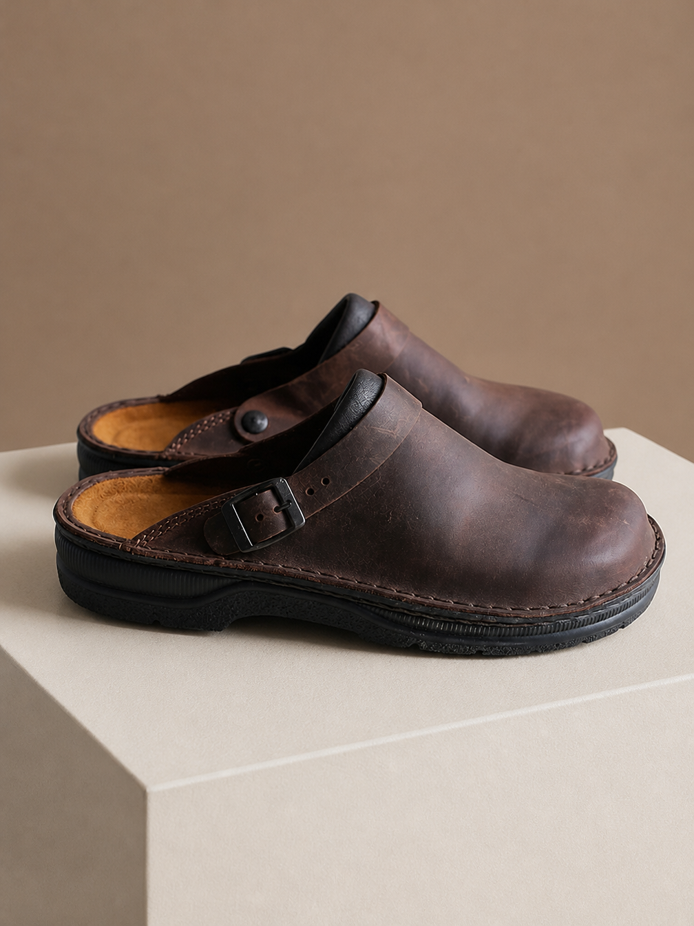 Men's Leather Clogs Slip-On Buckle Strap Cushioned Orthopaedic Insole Slippers - Dark Brown