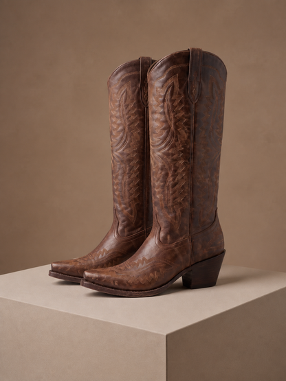 Women’s Knee-High Western Cowboy Boots with Pointed Toe and Contrast Stitching - Dark Brown