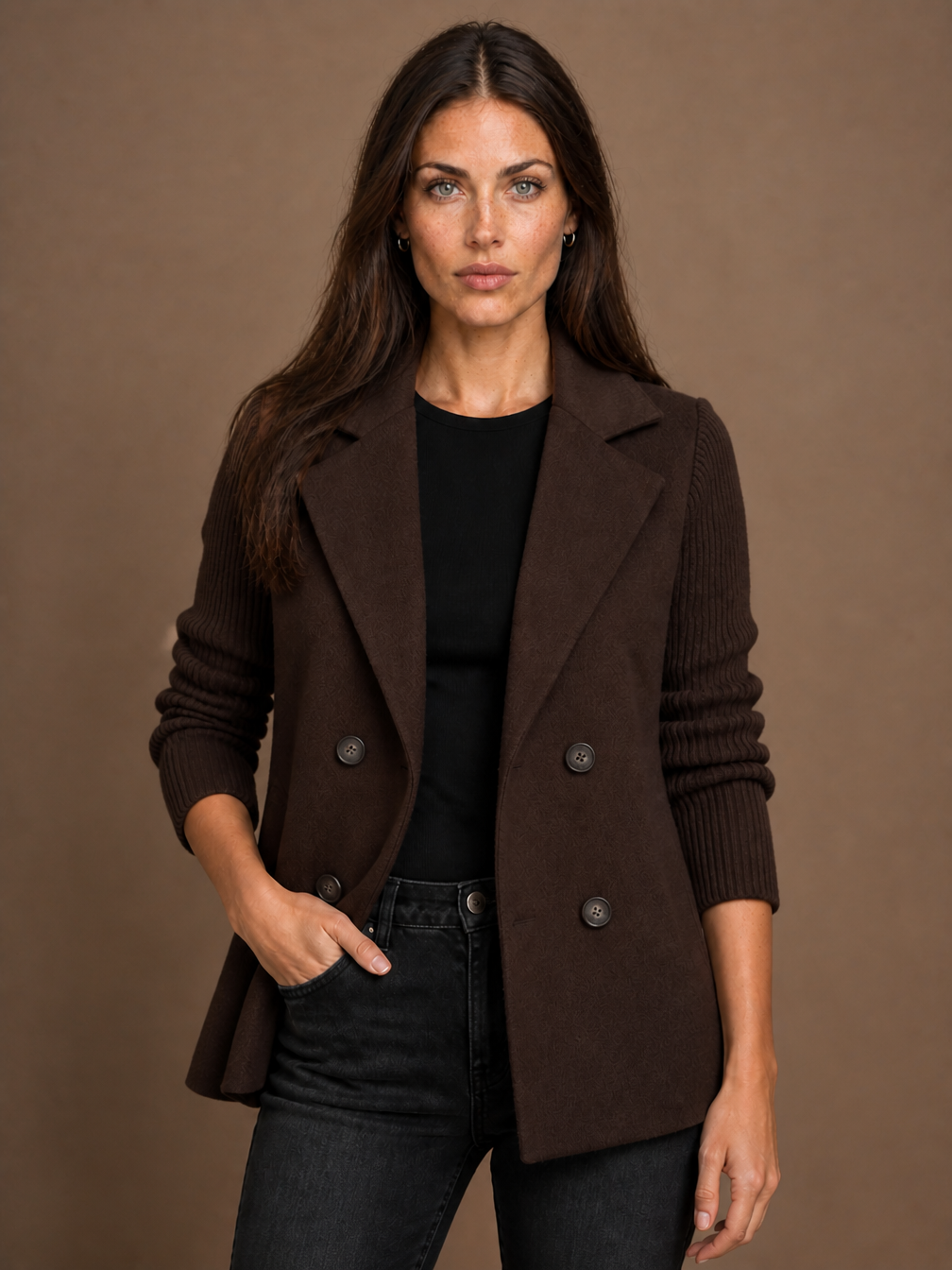 Women's Double-Breasted Blazer - Elegent Knitted Jacket - Dark Brown