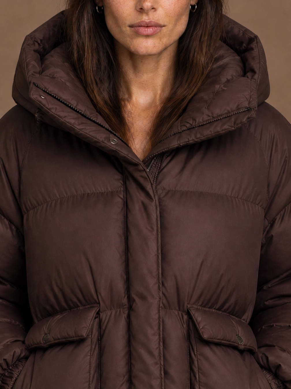 Women's Oversized Quilted Hooded Puffer Jacket with Storm Flap and Zip Pockets - Dark Brown - Detail Close-Up [AI-OPT:fa6d7395-ba3a-45f3-87af-844aa7c83c2d]