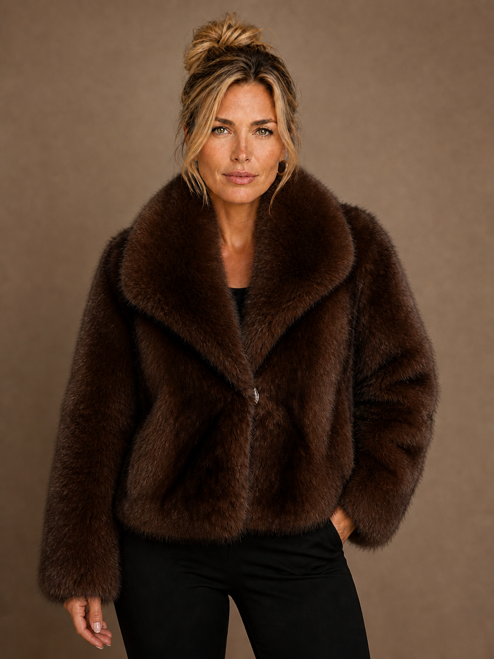Women's Cropped Faux Fur Coat - Fluffy Winter Puffer Coat with Clasp Button Fastening - Dark Brown