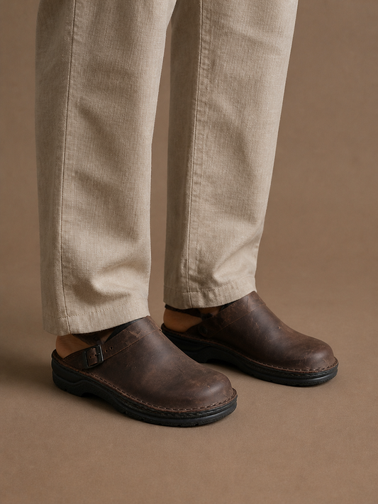 Men's Leather Clogs Slip-On Buckle Strap Cushioned Orthopaedic Insole Slippers - Dark Brown - On-Foot View [AI-OPT:357b671e-5d0b-45cd-8b7f-42d0b0772514]