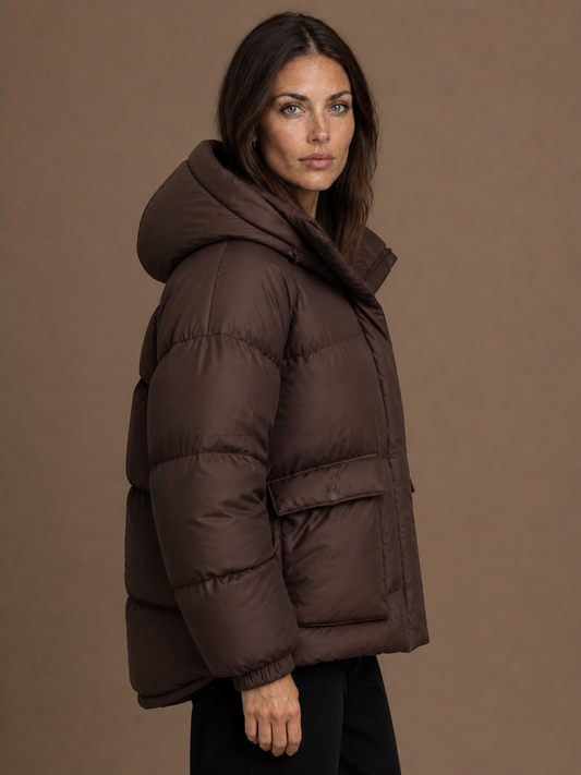 Women's Oversized Quilted Hooded Puffer Jacket with Storm Flap and Zip Pockets - Dark Brown - Side View [AI-OPT:2b9fcce6-47a8-41af-bdc7-87c9871c95ab]