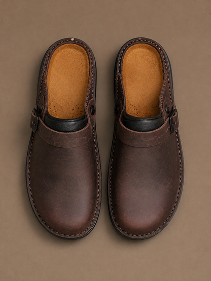 Men's Leather Clogs Slip-On Buckle Strap Cushioned Orthopaedic Insole Slippers - Dark Brown - Top View [AI-OPT:6f46e0a1-8295-45f6-9bcd-38c6e9162a67]
