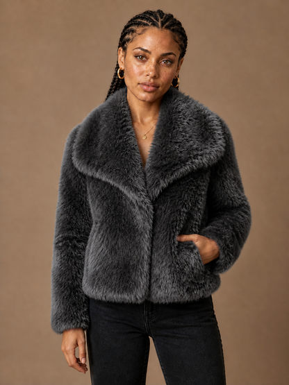 Women's Cropped Faux Fur Jacket with Shawl Collar for Autumn/Winter - Dark Gray