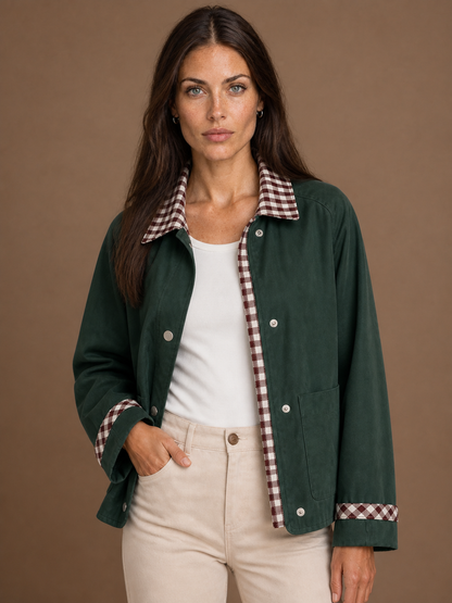 Women's Barn Jacket with Checked Collar - Autumn Winter Outerwear Coat - Dark Green