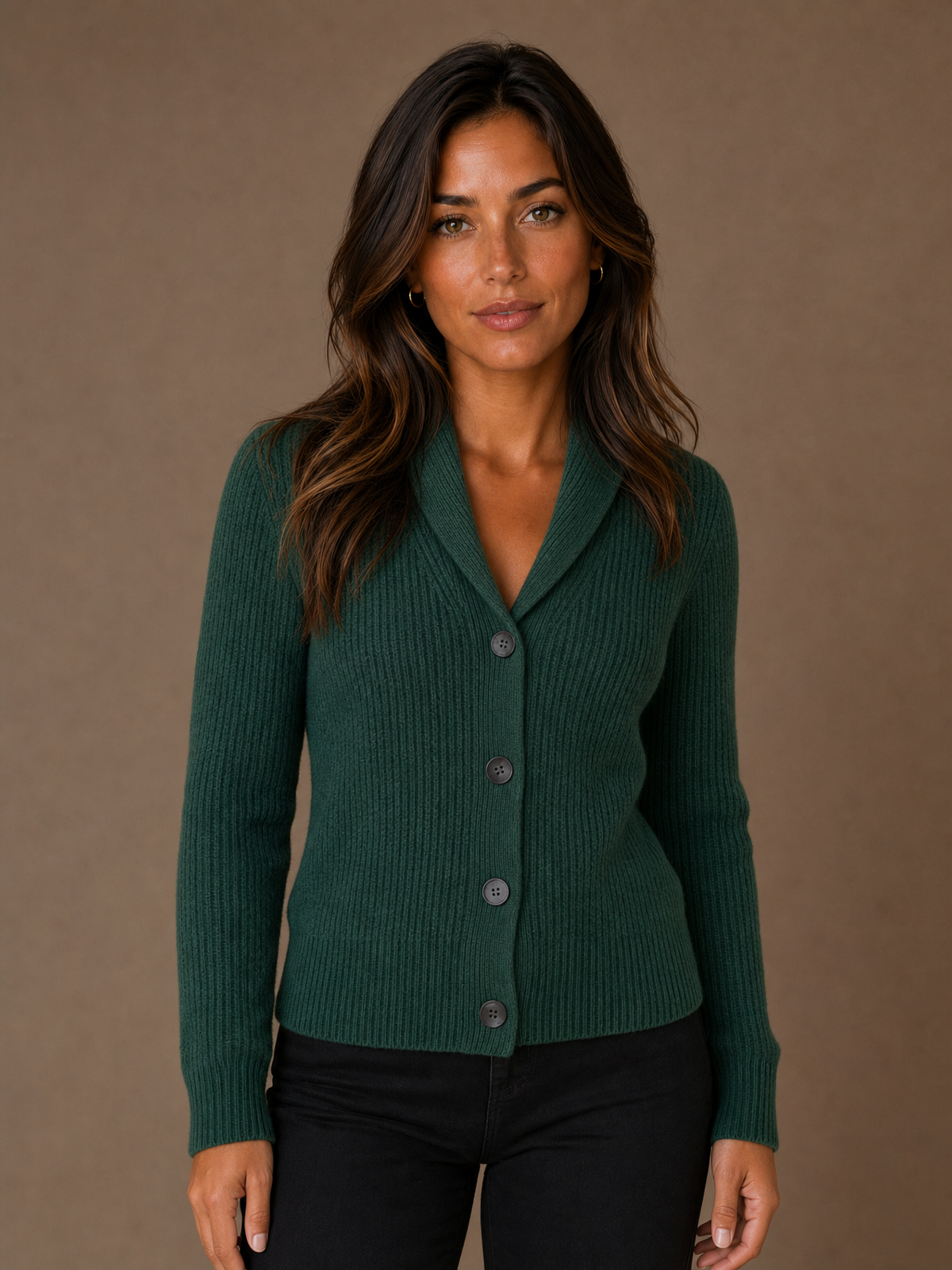Women's Knit Cardigan with Lapel Collar, Button Front and Long Sleeves - Dark green