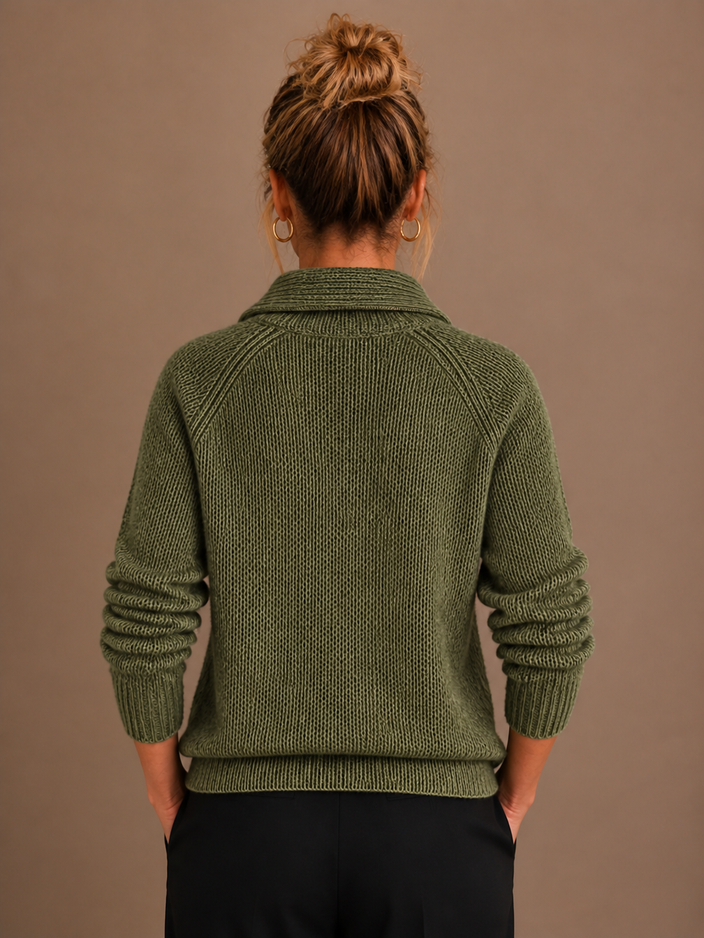 Women's Pure Cashmere Half-Zip Knitted Pullover Sweater with Long Sleeves - Dark Green - Back View [AI-OPT:2a4eb3cc-f815-4671-9d71-107dd59b7828]