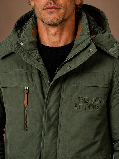 Men's Winter Parka with Hood, Padded Lining and Multiple Pockets - Dark Green - Detail Close-Up [AI-OPT:6adcf517-0548-4a34-bdf4-2b84484bfd79]