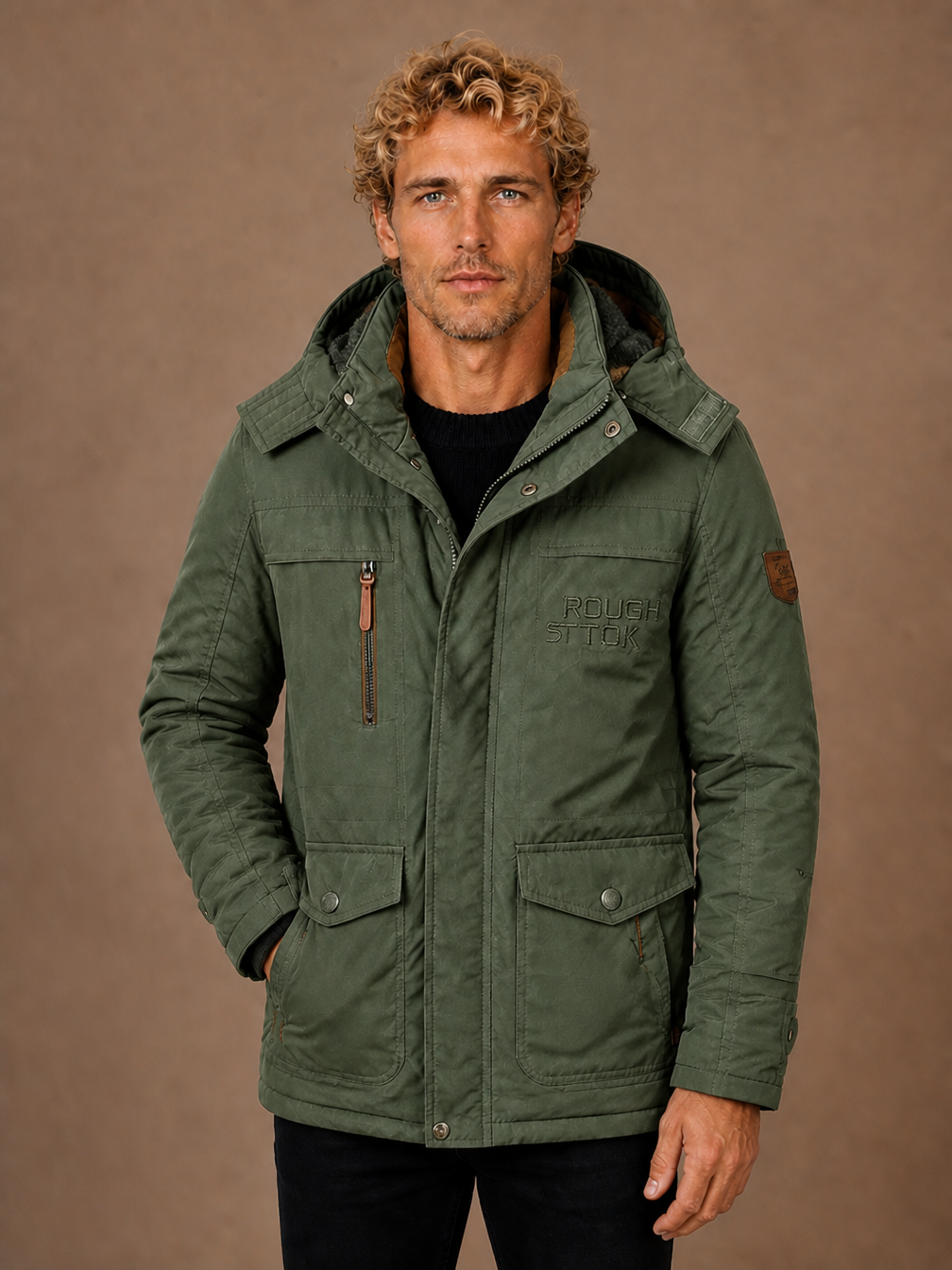 Men's Winter Parka with Hood, Padded Lining and Multiple Pockets - Dark Green