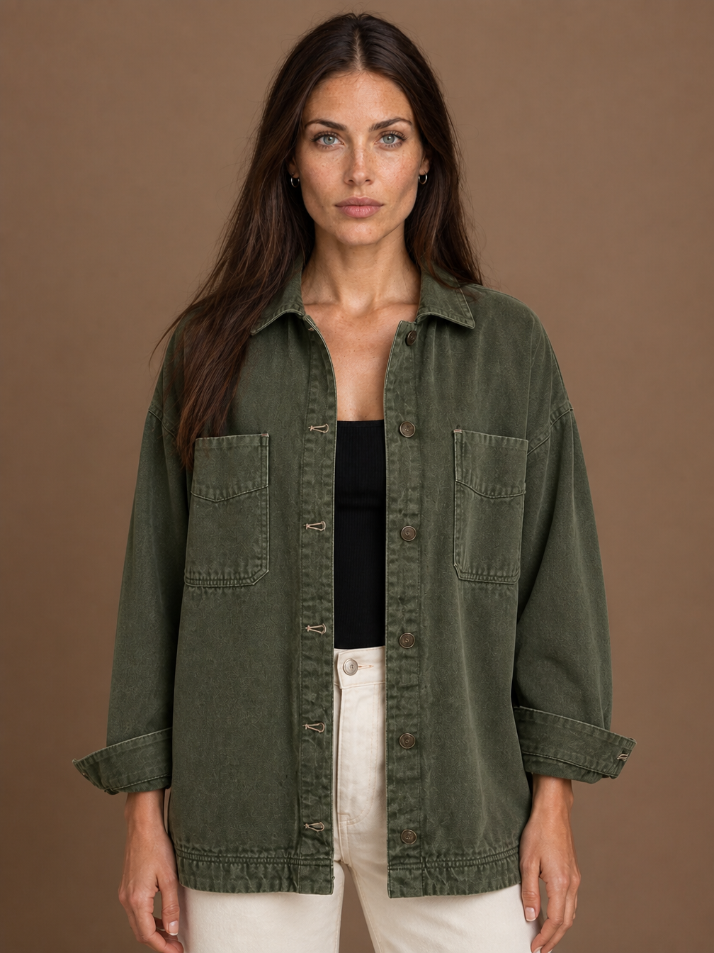 Women's Oversized Washed Denim Jacket with Button Front and Chest Pockets - Dark Green