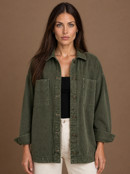 Women's Oversized Washed Denim Jacket with Button Front and Chest Pockets - Dark Green