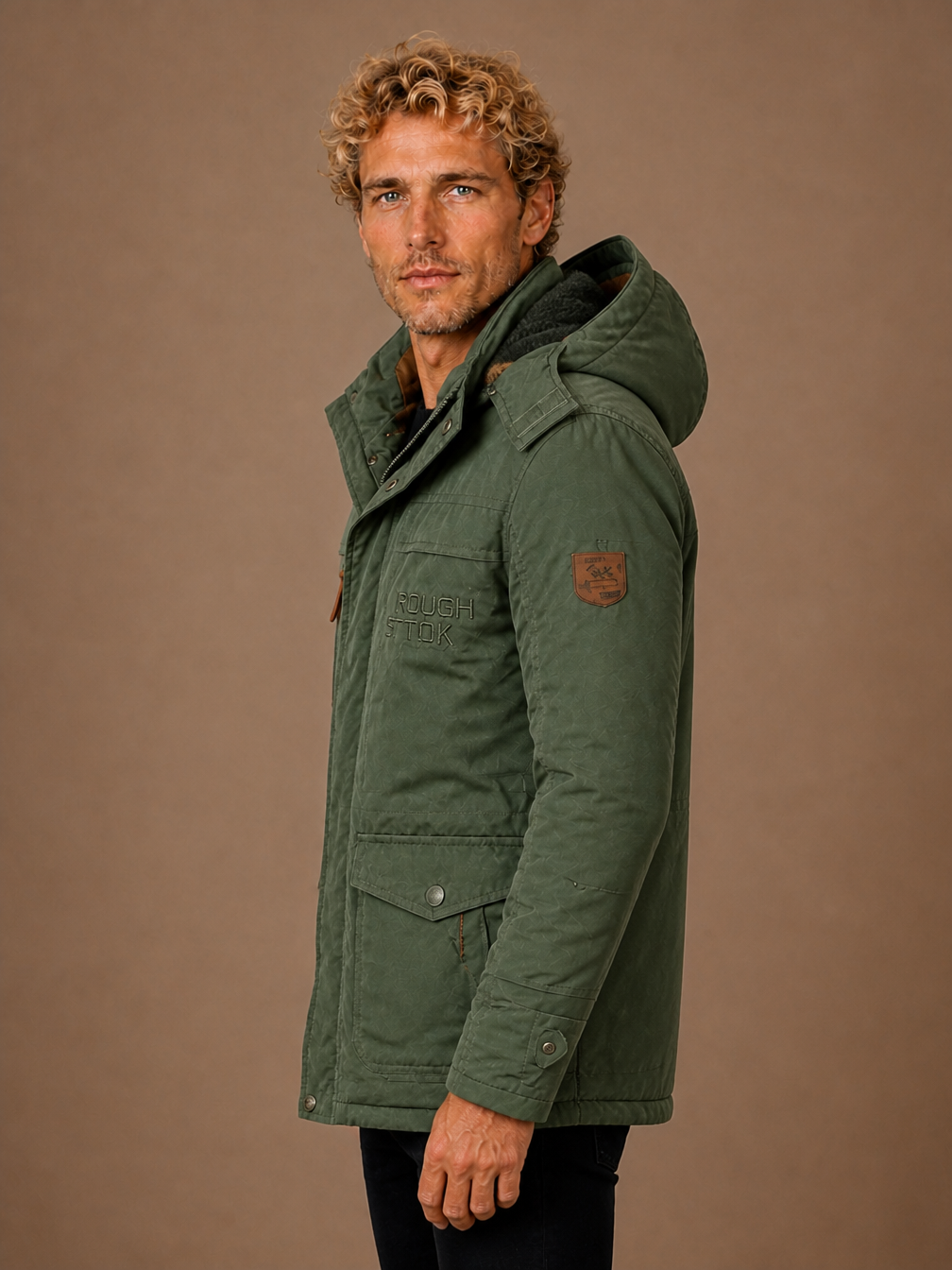 Men's Winter Parka with Hood, Padded Lining and Multiple Pockets - Dark Green - Side View [AI-OPT:943eb875-e878-423d-a22e-b8badc77d58c]