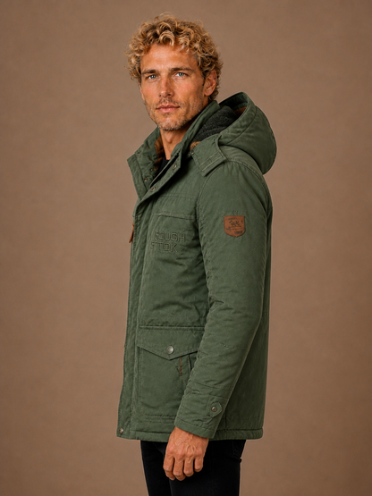 Men's Winter Parka with Hood, Padded Lining and Multiple Pockets - Dark Green - Side View [AI-OPT:943eb875-e878-423d-a22e-b8badc77d58c]