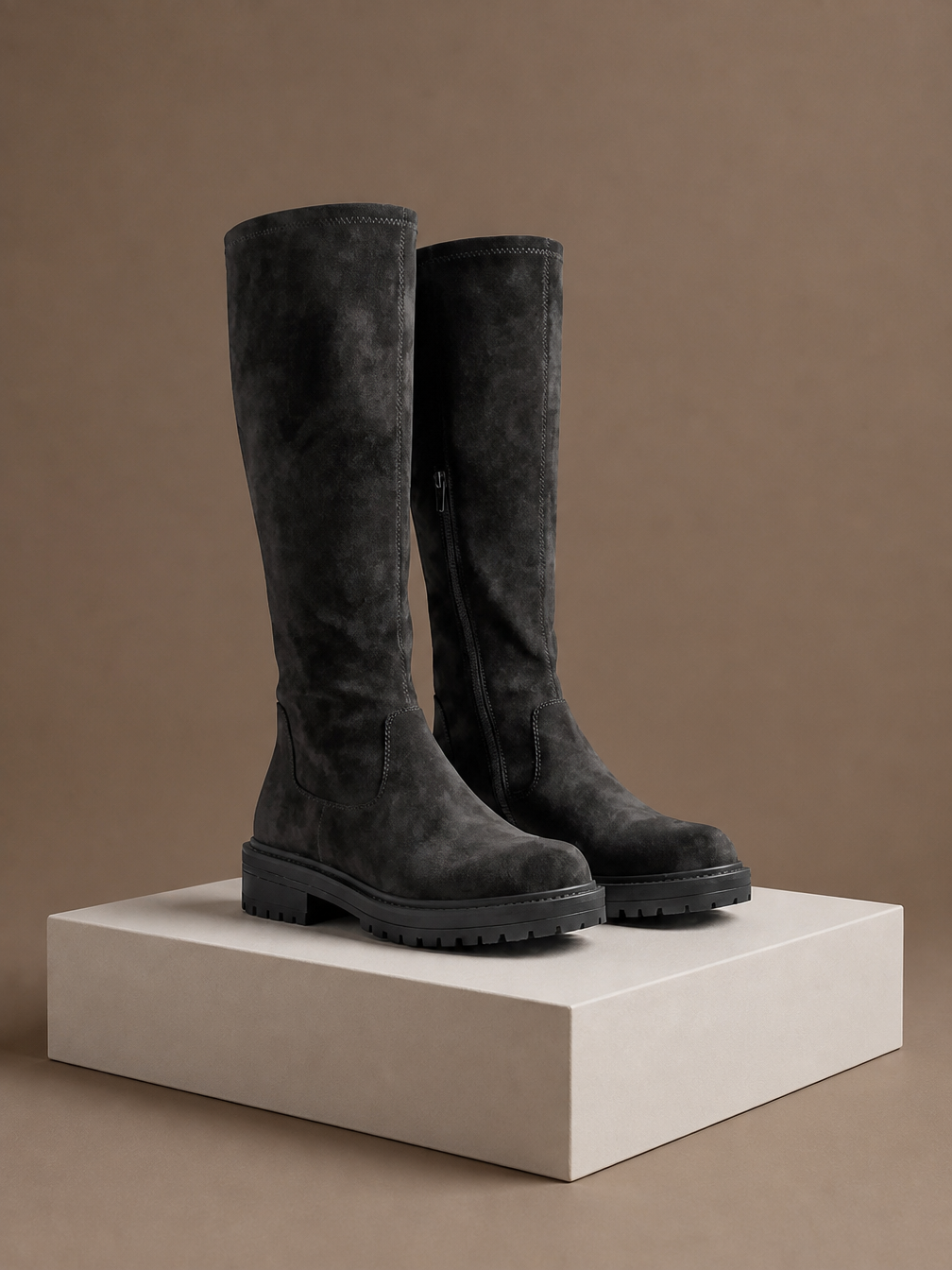 Women's Black Knee High Stretch Boots with Chunky Sole and Round Toe - Dark Grey