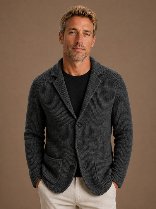 Men's Knit Blazer Cardigan with Button Front and Long Sleeves - Dark Grey