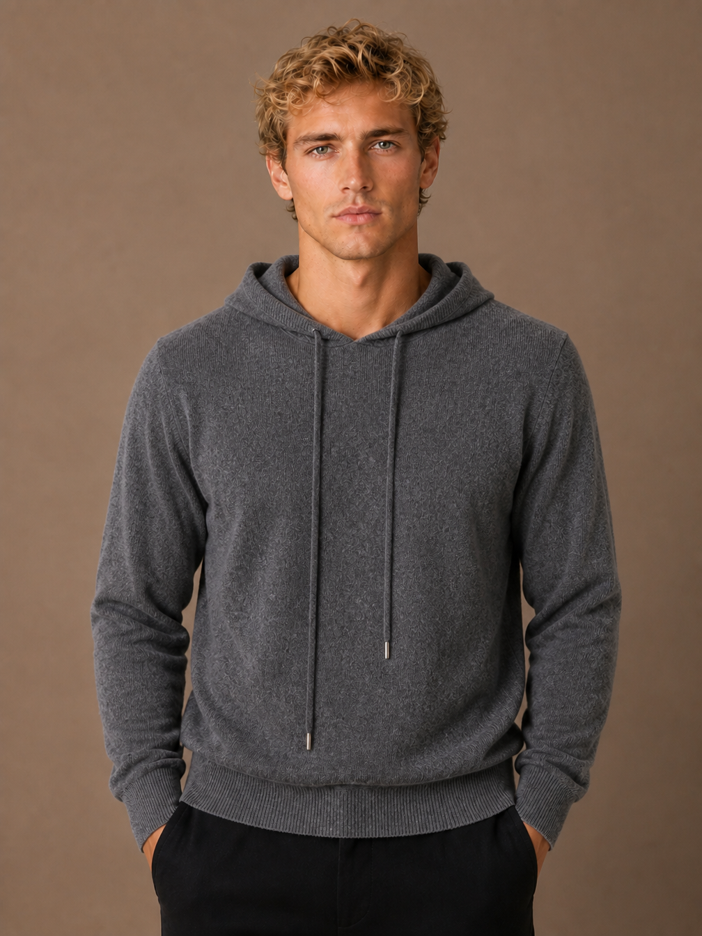 Men’s Pullover Hoodie with Adjustable Hood and Ribbed Cuffs - Dark grey