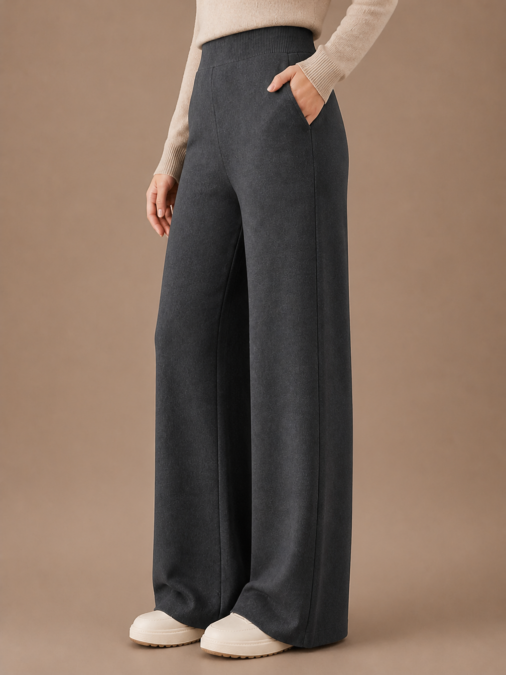 Women's Wool Wide-Leg Trousers - High Elasticated Waist Pants - Dark Grey - Side View [AI-OPT:2c1dc300-b994-41fc-b632-78b441a4b62e]
