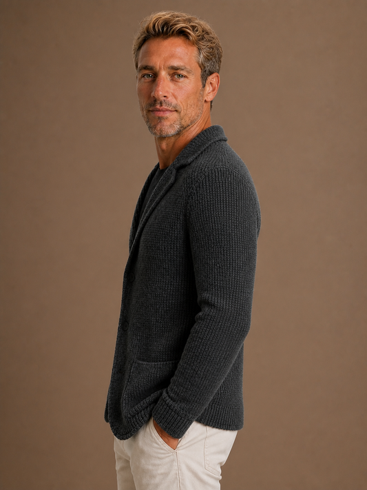 Men's Knit Blazer Cardigan with Button Front and Long Sleeves - Dark Grey - Side View [AI-OPT:c8c37bea-8cf6-44a8-b34e-152657605303]
