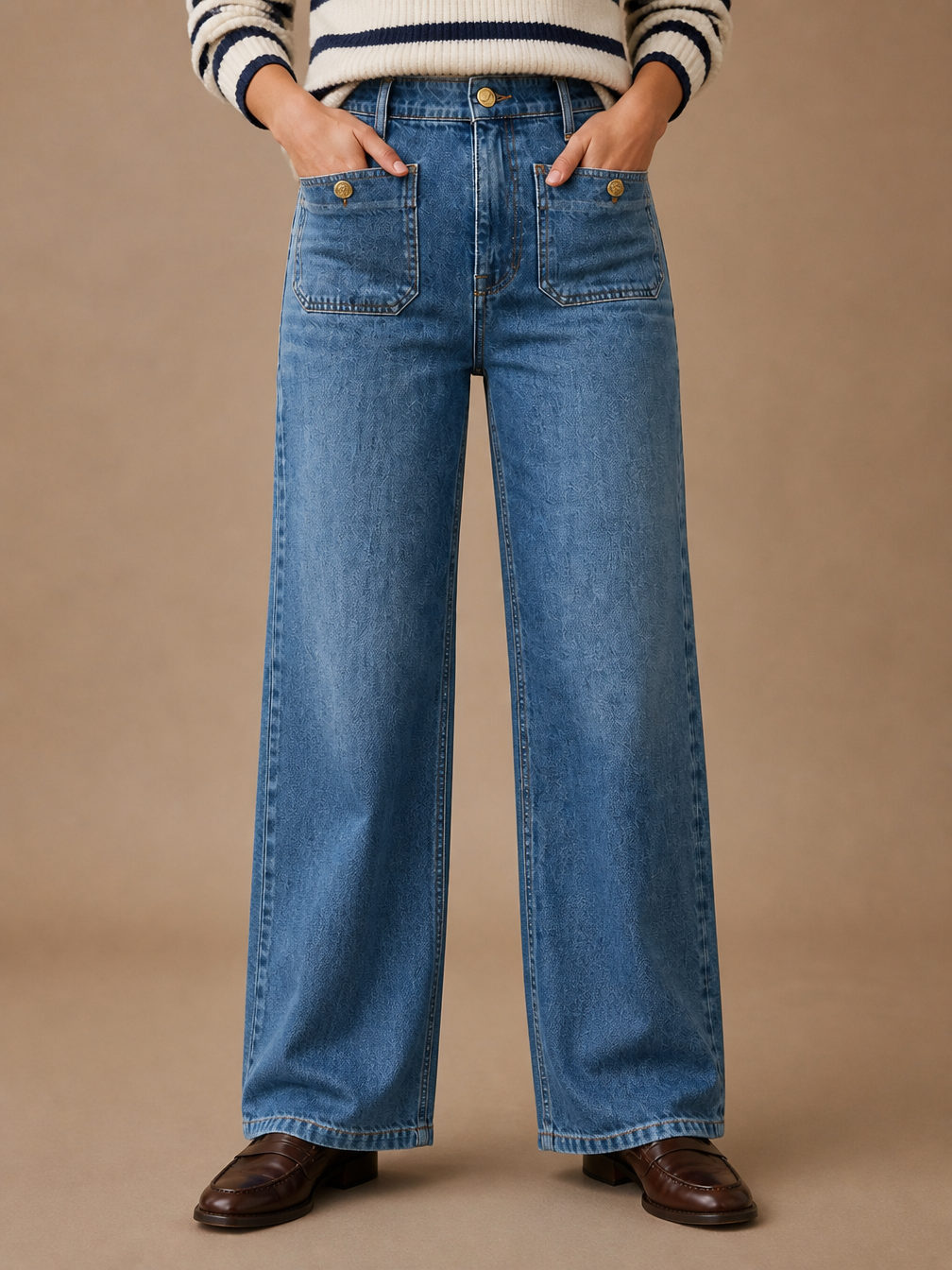 Women's High Waisted Jeans with Front Pockets - Wide Leg Denim Trousers - Denim