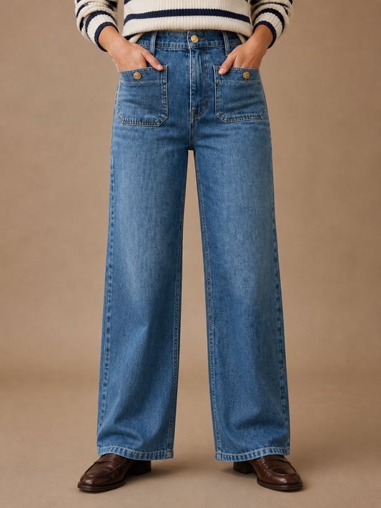 Women's High Waisted Jeans with Front Pockets - Wide Leg Denim Trousers - Denim