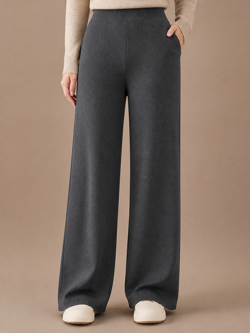 Women's 100% Merino Wool Wide-Leg Trousers with High Waist and Elasticated Waist - Dusk
