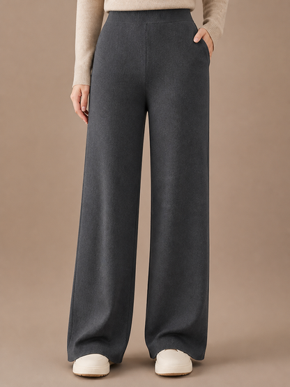Women's 100% Merino Wool Wide-Leg Trousers with High Waist and Elasticated Waist - Dusk