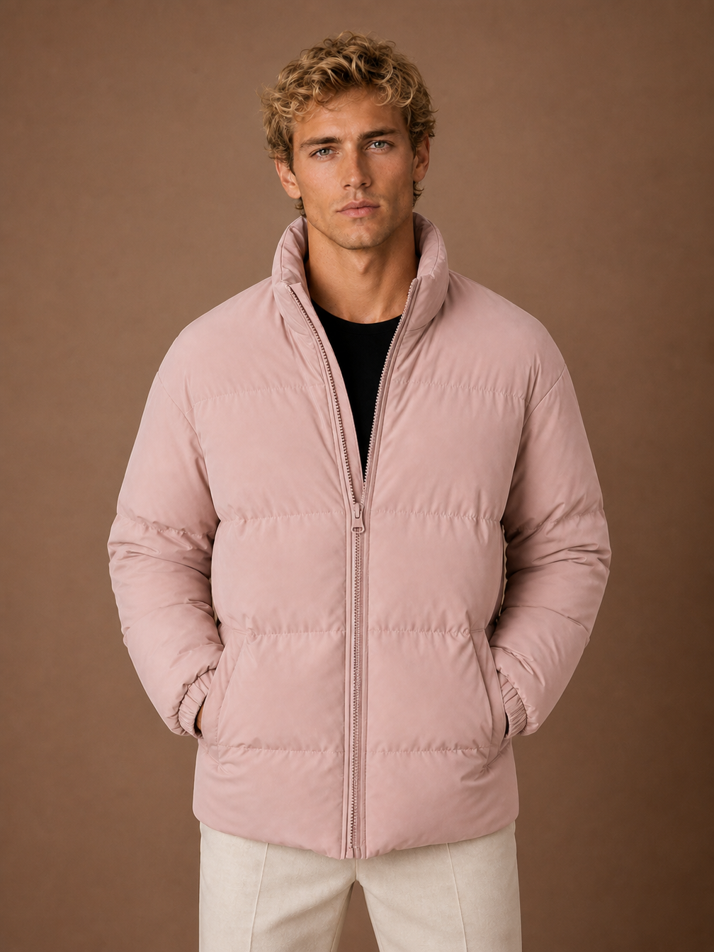 Men's Quilted Puffer Jacket, Regular Fit Winter Coat with Full-Length Zip and Hand Pockets - Dusty Pink