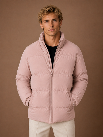 Men's Quilted Puffer Jacket, Regular Fit Winter Coat with Full-Length Zip and Hand Pockets - Dusty Pink
