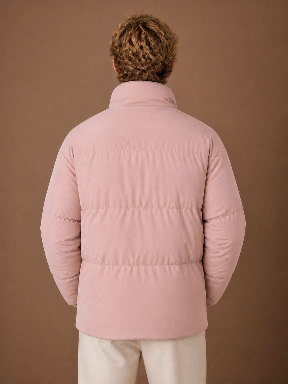 Men's Quilted Puffer Jacket, Regular Fit Winter Coat with Full-Length Zip and Hand Pockets - Dusty Pink - Back View [AI-OPT:dfead643-613e-442e-9804-e305bee717c8]