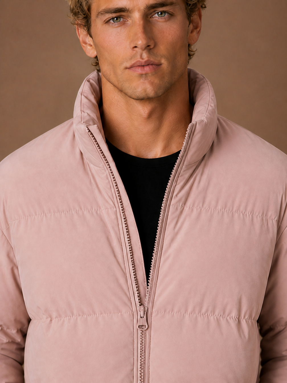 Men's Quilted Puffer Jacket, Regular Fit Winter Coat with Full-Length Zip and Hand Pockets - Dusty Pink - Detail Close-Up [AI-OPT:b1c10198-bdeb-44ef-bd62-f416a321847e]