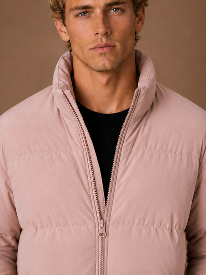 Men's Quilted Puffer Jacket, Regular Fit Winter Coat with Full-Length Zip and Hand Pockets - Dusty Pink - Detail Close-Up [AI-OPT:b1c10198-bdeb-44ef-bd62-f416a321847e]