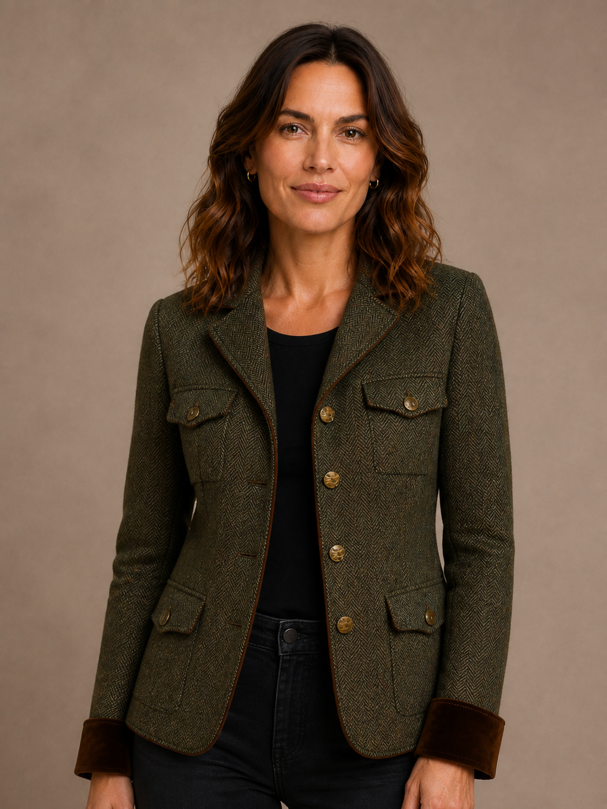Women's Classic Herringbone Tweed Jacket - Green - Front
