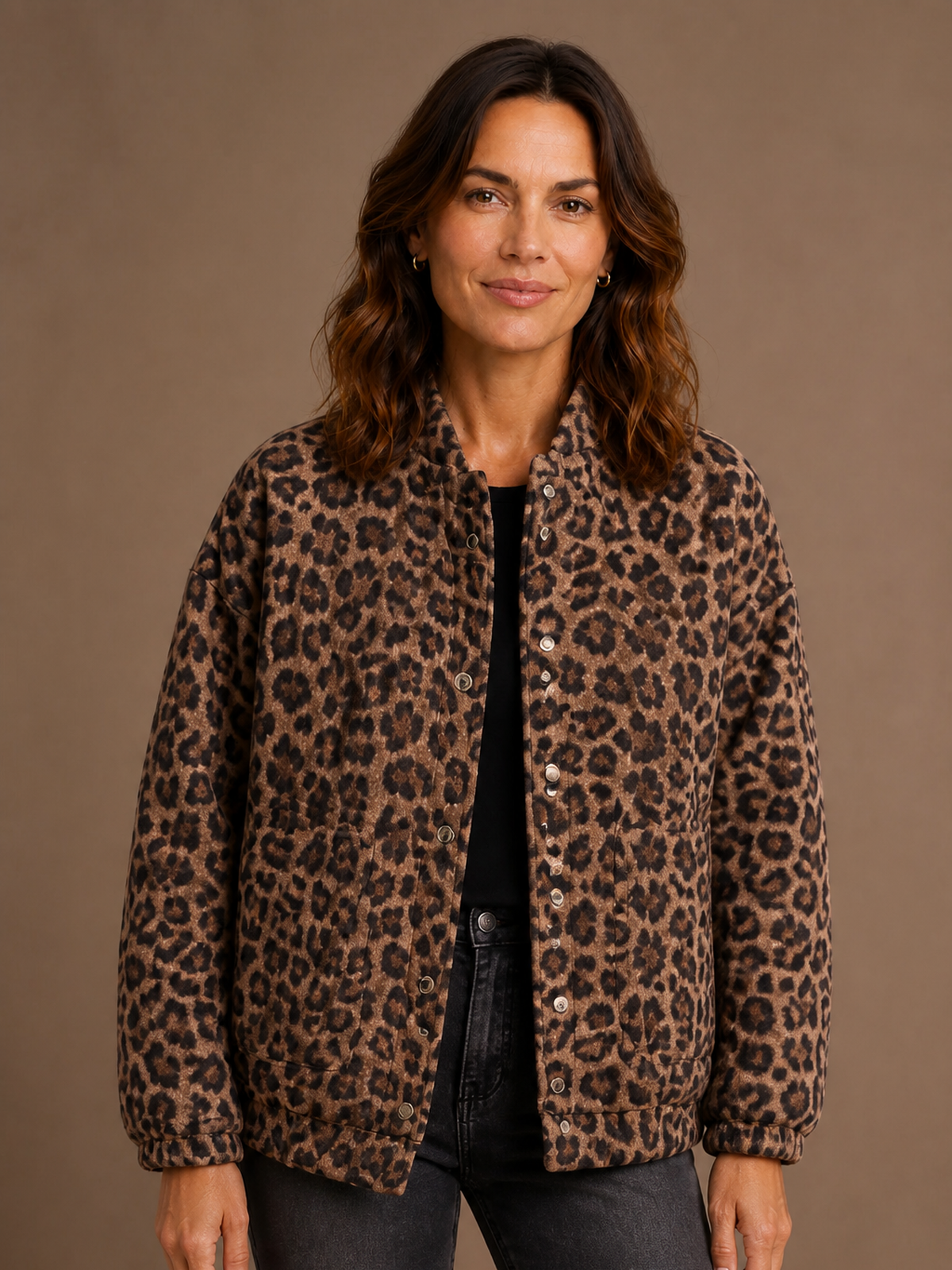 Leopard Print Bomber Jacket - Brown - Front