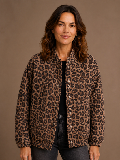 Leopard Print Bomber Jacket - Brown - Front
