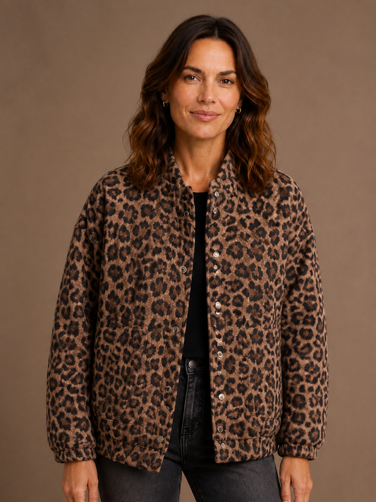 Leopard Print Bomber Jacket - Brown - Front