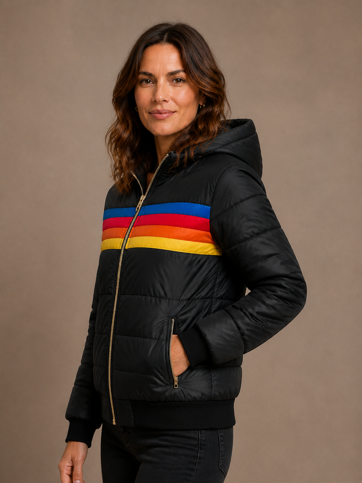 Women's Plush Hooded Coat - Black, AI side