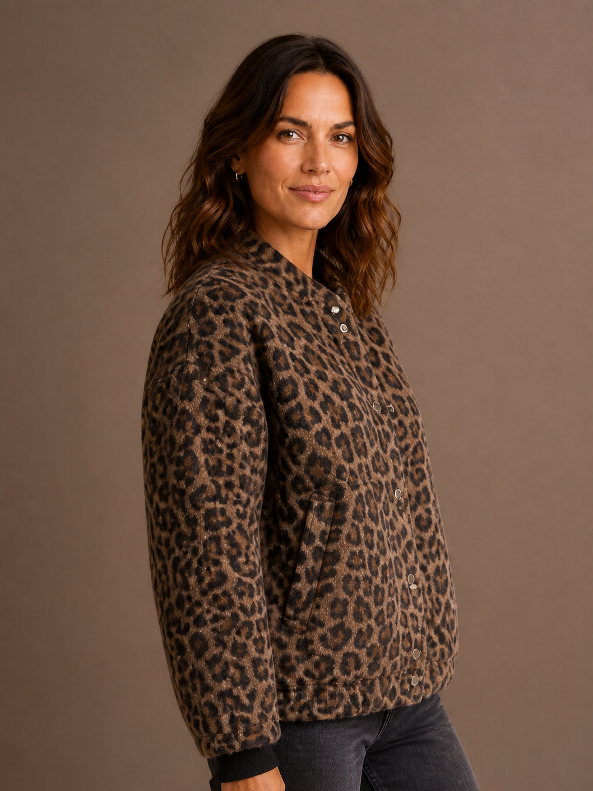Leopard Print Bomber Jacket - Brown - Side