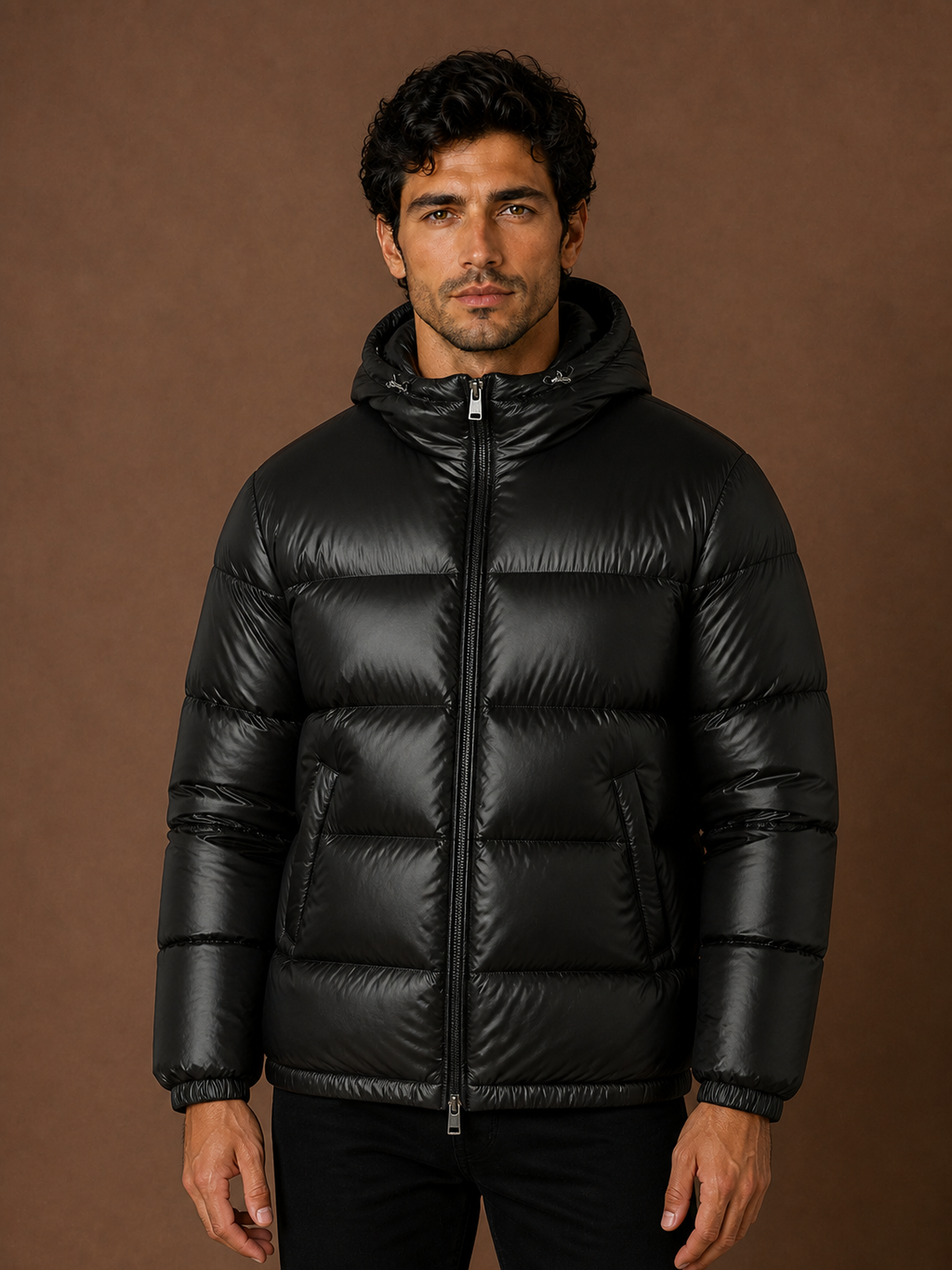 Men's Quilted Puffer Jacket - Black - Front