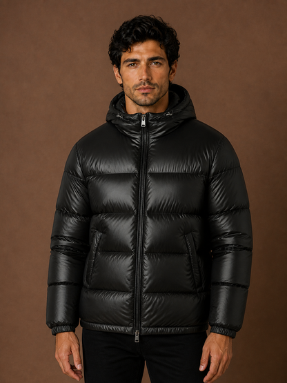 Men's Quilted Puffer Jacket - Black - Front