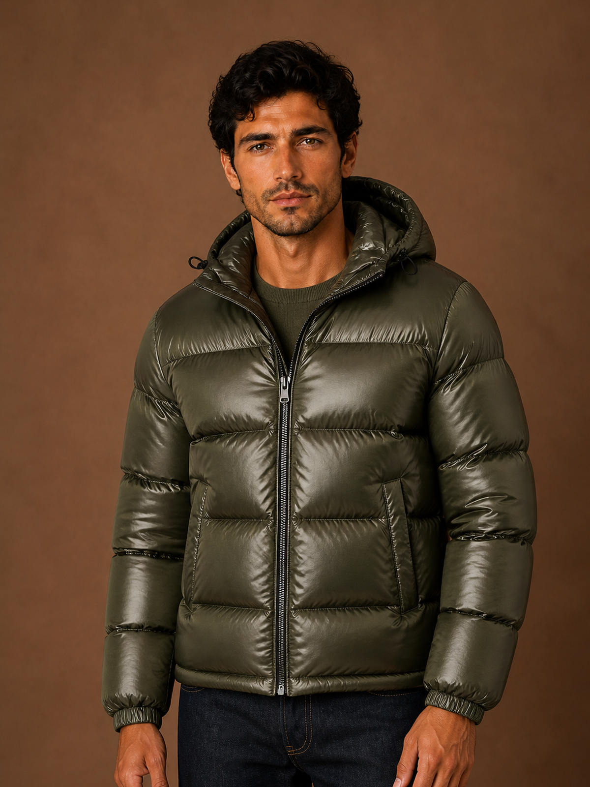 Men's Quilted Puffer Jacket - Green - Front