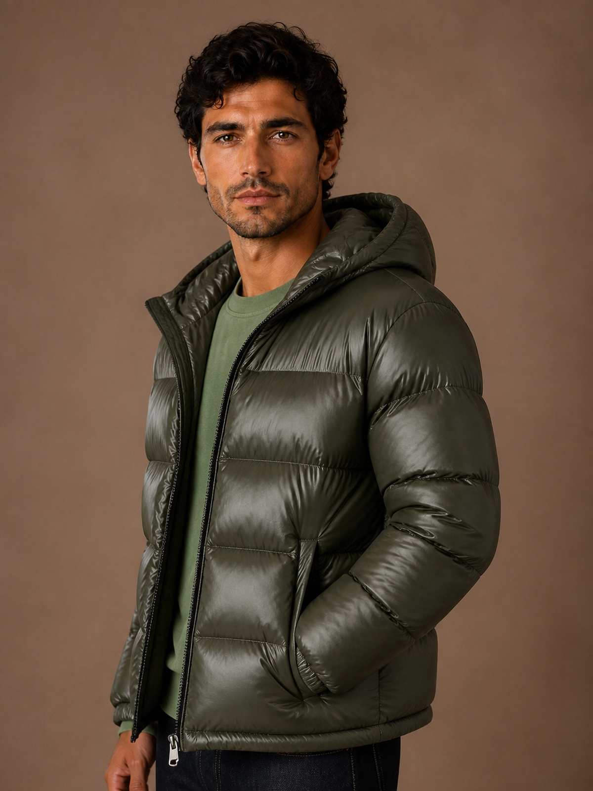 Men's Quilted Puffer Jacket - Green - Side