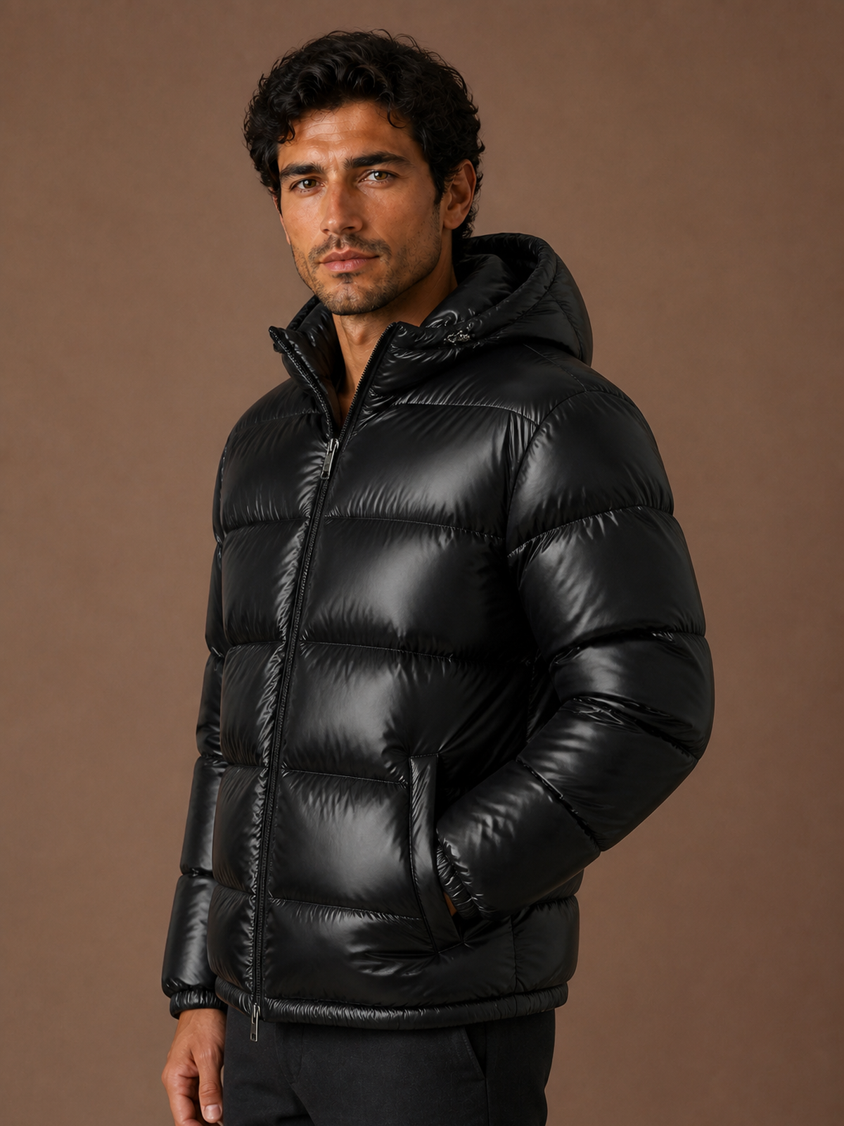 Men's Quilted Puffer Jacket - Black - Side