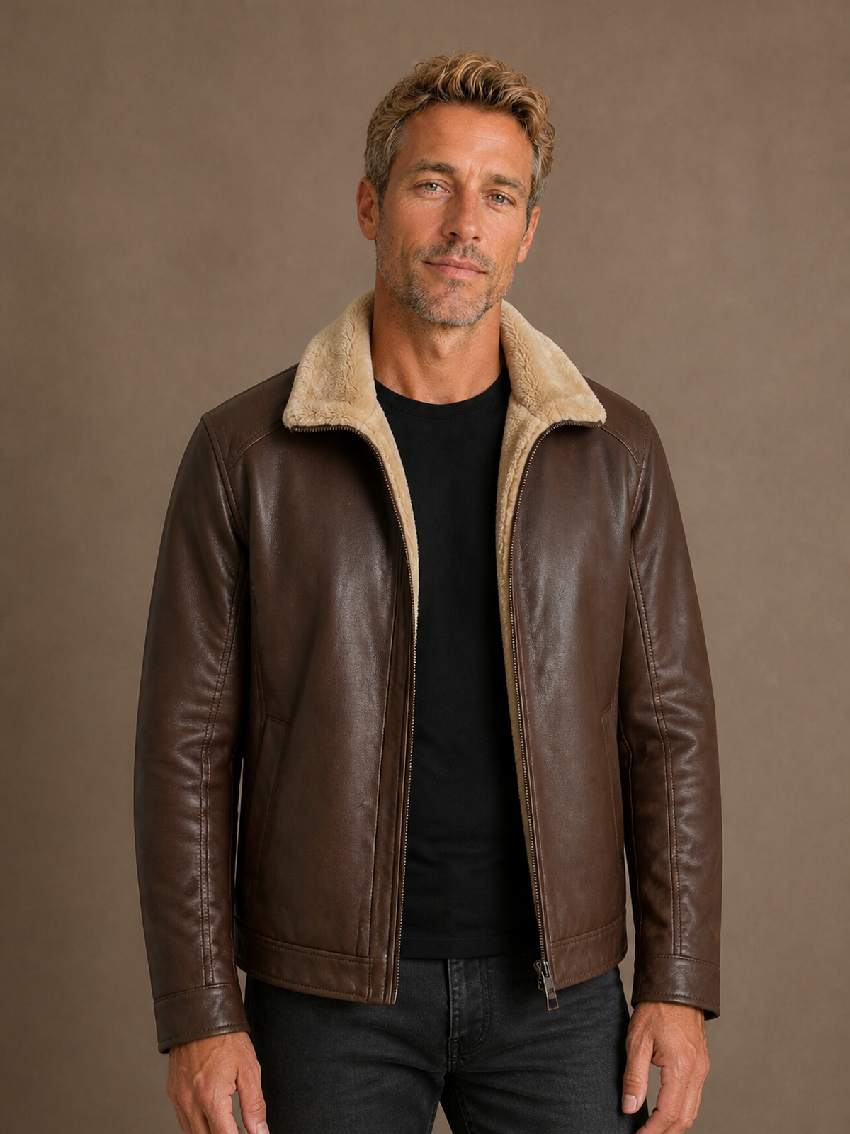 Brown leather jacket front view
