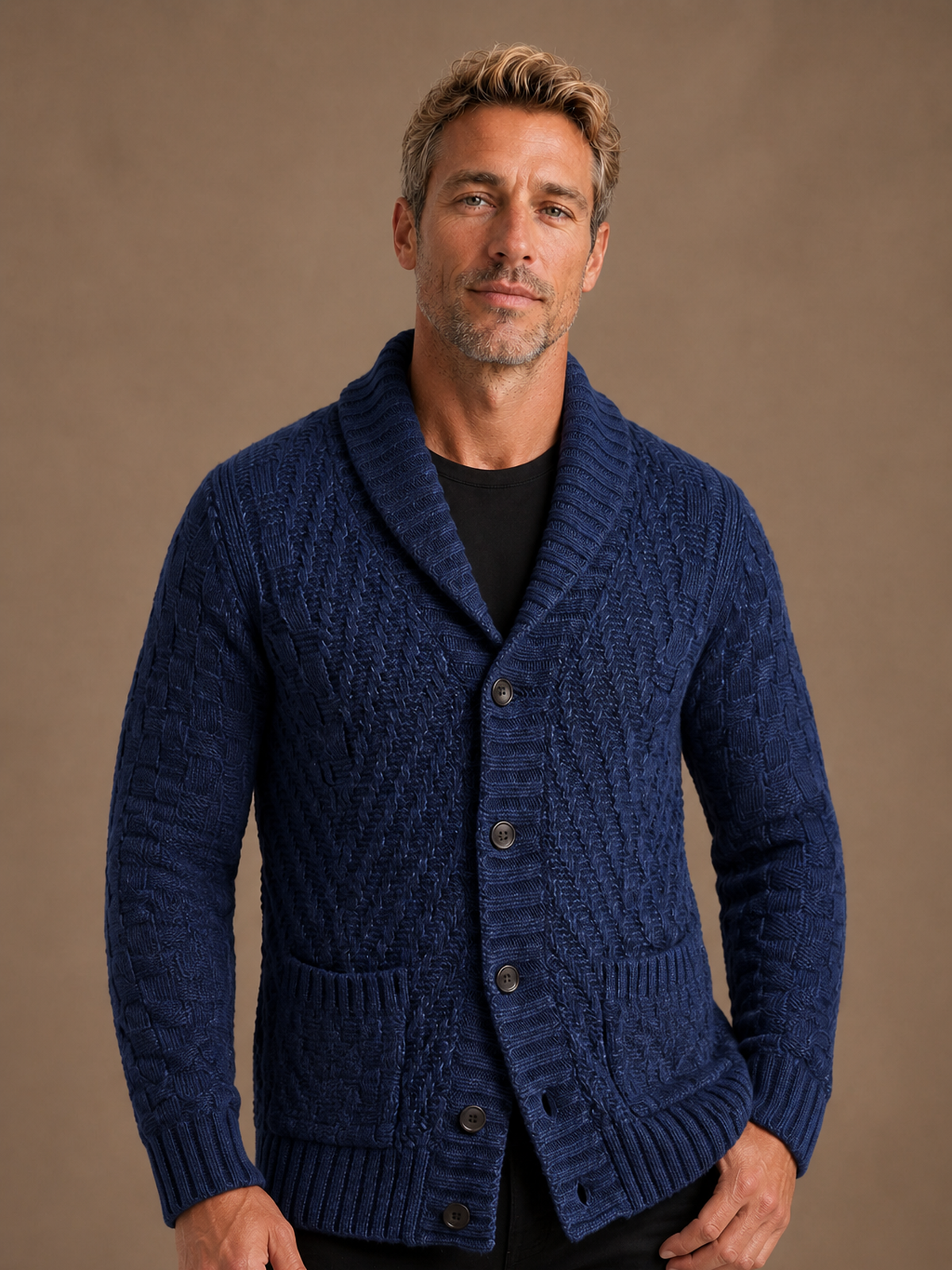 Men's Cable Knit Cardigan Shawl Collar - Navy, AI front